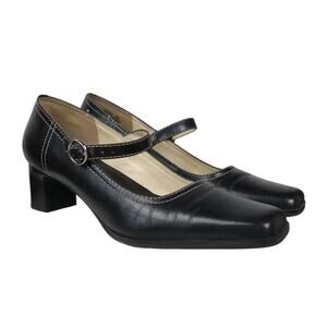 Vintage 90s Connie Black Leather Square Toe Mary-Jane Heels 8